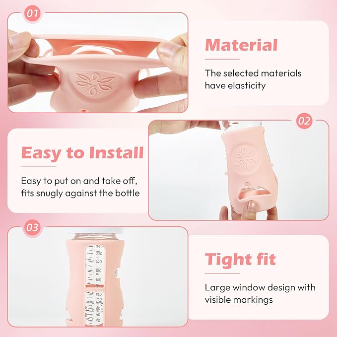 3 Pack Silicone Sleeves for Philips Avent Natural Glass Baby Bottles, Anti Breakage Baby Bottle Holder for Baby Girls, Compatible with Philips Avent Glass Natural Baby Bottle, 8 oz