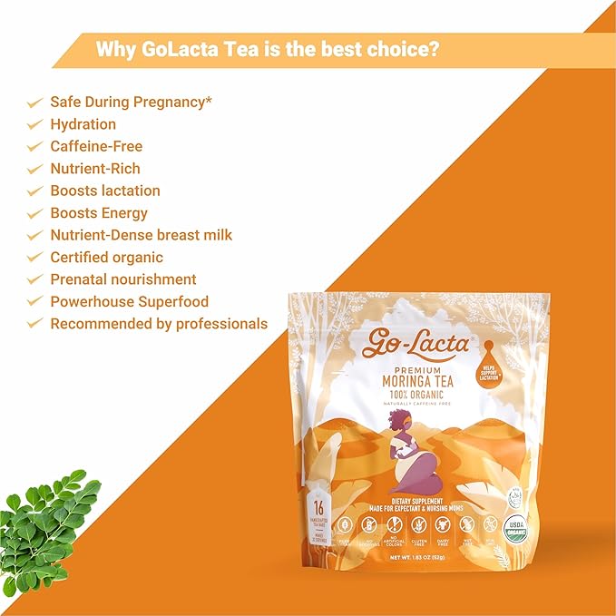 Go-Lacta Organic Moringa Tea – Increase Breast Milk Supply – Natural Lactation Tea for Breastfeeding Moms – Caffeine-Free Herbal Galactagogue – Prenatal Safe – 32 Servings