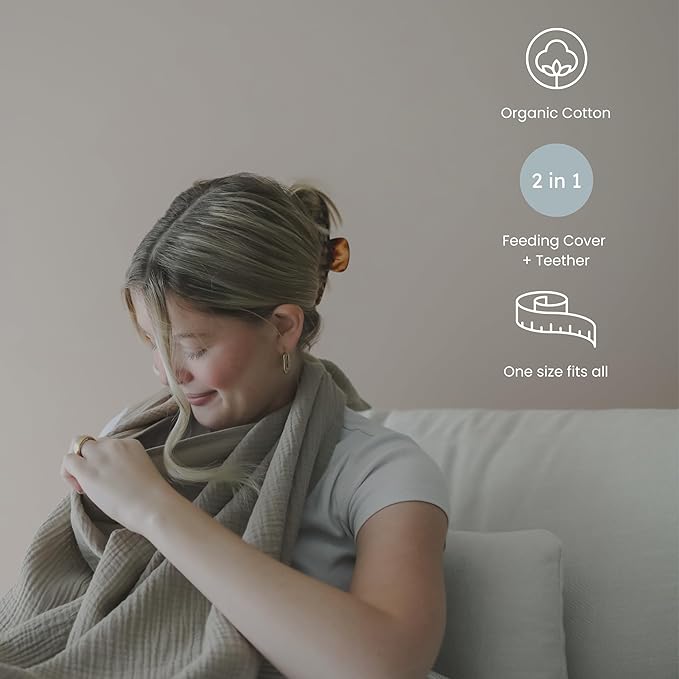 snuggle me® Nursing Cover - 100% Organic Cotton Muslin Nursing Cover Up for Breastfeeding with a BPA-Free Silicone Teether Ring, Ultra-Soft & Lightweight (33.5″ × 39.4″)