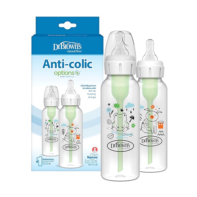 Dr. Brown's Natural Flow Anti-Colic Options+ Narrow Baby Bottle, Pig & Frog, 8 oz/250 mL, with Level 1 Slow Flow Nipple, BPA Free, 0m+, (Pack of 12)