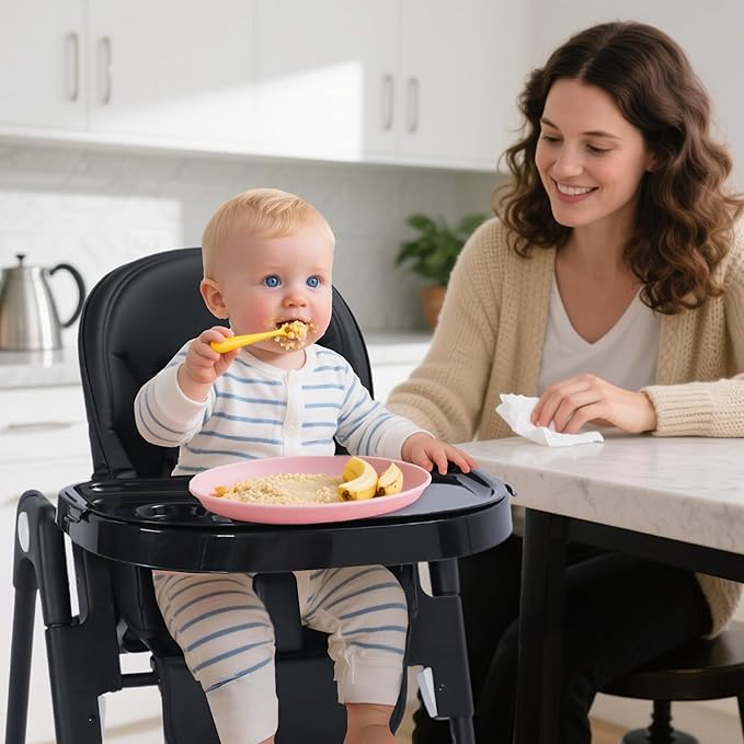 3 in 1 Foldable Baby High Chair, Infant High Chairs for Babies and Toddlers, 6 Height & 5 Recline Adjustable Toddler Feeding Chair, 2 Tray Depth & 3 Footrest Angles, 2 Built-in Wheels, Black