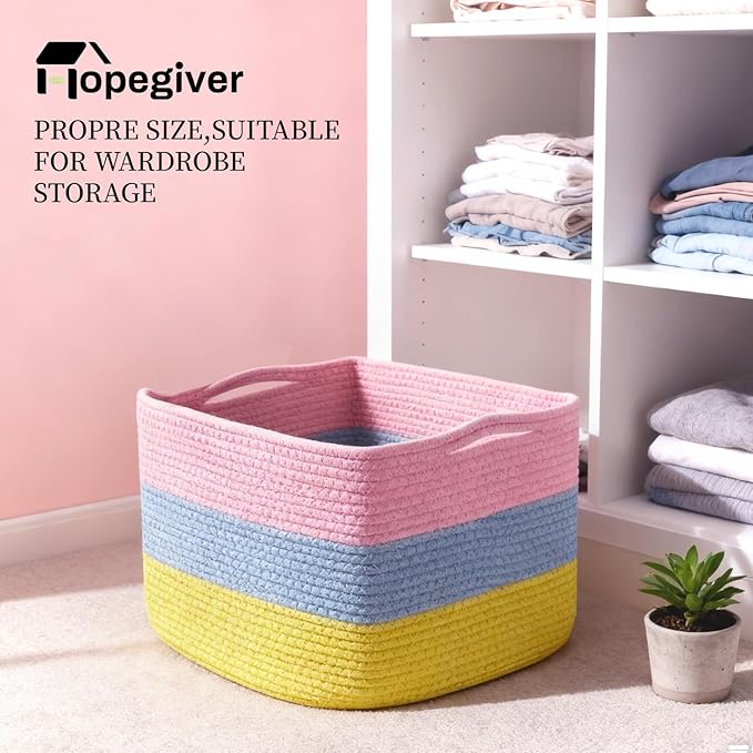 Hopegiver 3 Pack Storage Baskets for Organizing with Handle, Woven Baskets for Shelves - Durable Gift Basket for Cloth Toys Books Baby, Cotton Rope Basket for Dog Cat, 15x11x10 Inch(Pink&Blue&Yellow)