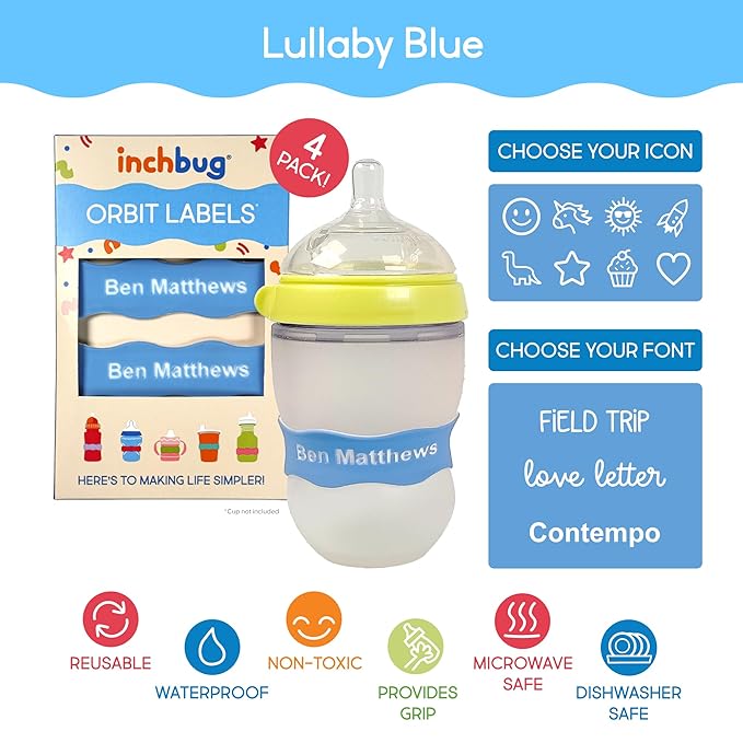 InchBug Orbit Labels Baby Bottle and Water Bottle Silicone Name Bands – Personalized Reusable Label Set for Daycare, Sippy Cups, Preschool, Elementary School, Dishwasher Safe, 4-Pack (Lullaby Blue)