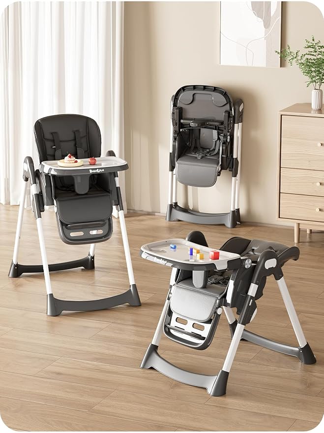 High Chair, Foldable High Chairs for Babies and Toddlers with Removable Tray, Height Adjustable Feeding Chair, Adjustable Backrest and Footrest, Black
