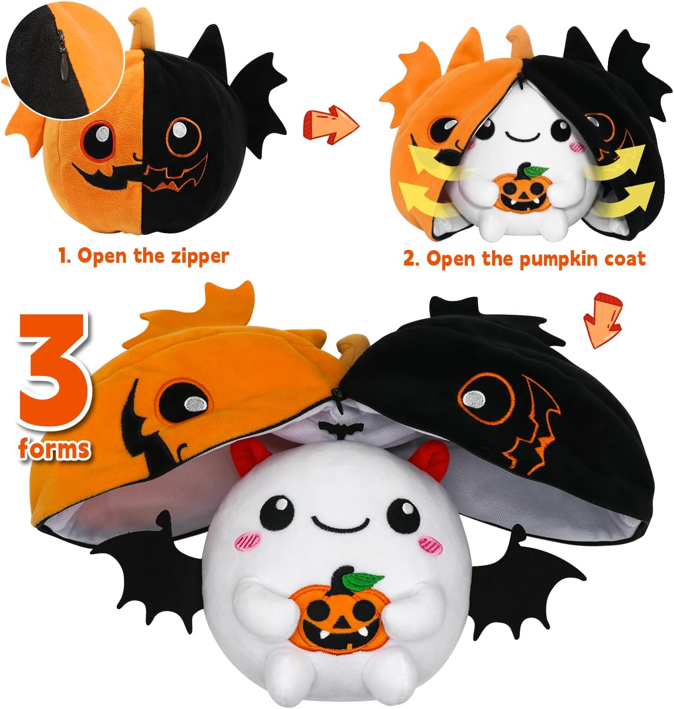 Halloween Stuffed Animal Reversible Bat Ghost Plush, Transformed Pumpkin Plush Zipper, Bat Ghost Stuffed Animal Cute Plushie Birthday Gift for Boys Girls Kids