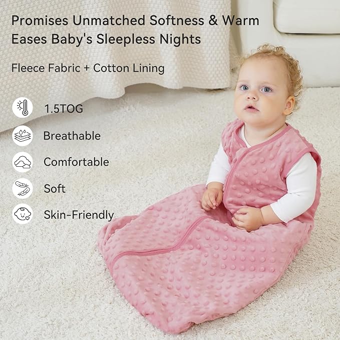 Fleece Baby Sleep Sack 6-12 Months with Plush Dots 1.5 Tog Baby Wearable Blanket with 2-Way Zipper Warm Sleeping Sack for Toddler Infant Newborn - Medium, Pink