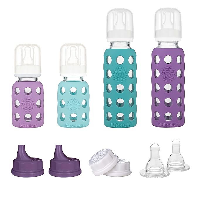 Lifefactory Baby Bottle Starter Set 10-Piece | 4 oz Mint & Lavender, 9 oz Kale & Grape | Includes Flat Caps, Sippy Caps, Stage 2 Nipples