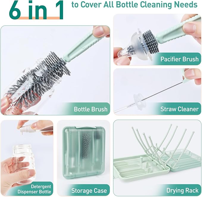 Baby Bottle Brush Set, 6-in-1 Travel Bottle Cleaning Kit with Silicone Bottle Brush, Nipple & Straw Brush, Soap Dispenser, Drying Rack, Storage Box – Compact Travel Baby Essential for Home & On-The-Go