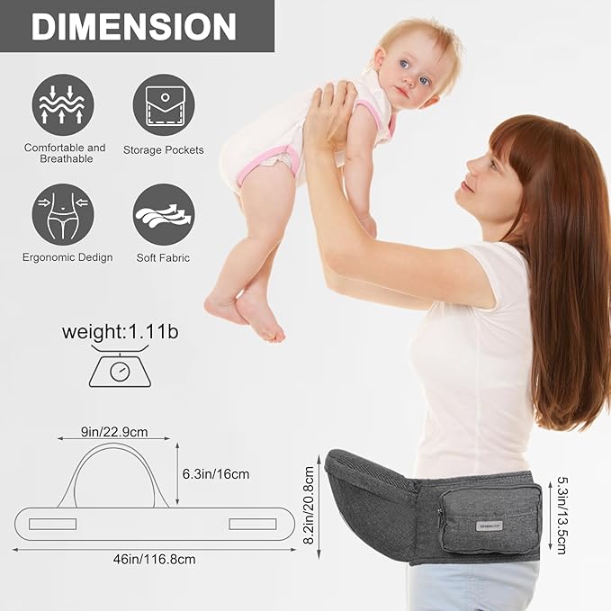 Baby Hip Carrier, Baby Carrier with Adjustable Waistband & Breathable Mesh, Ergonomic Carrier with Non-Slip Hip Seat Surface for Newborns & Toddlers, Grey
