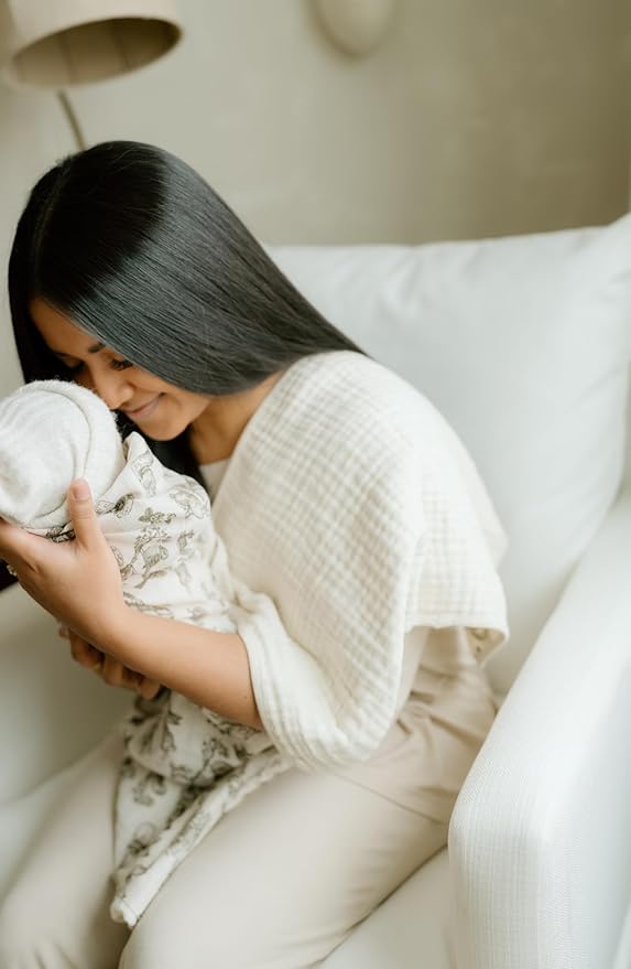 Oilo Burp Cloth 2-Pack Set, Large (12" X 22"), 8-Layer Organic Premium Cotton 4-Way Muslin, Luxuriously Soft, Super Absorbent, & Durable, Machine Washable, Eggshell Creme & Rosette Pink