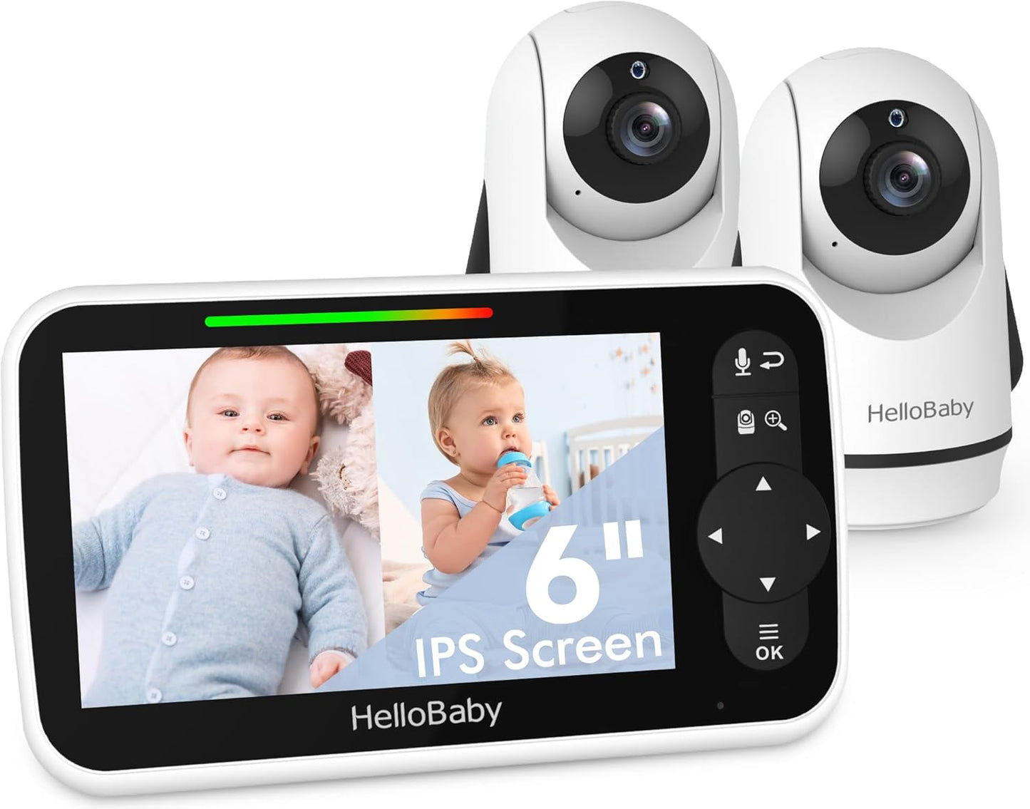HelloBaby Video Baby Monitor with Upgraded 6” IPS Large Screen, Split Screen with 2 Cameras, Night Vision and Temprature Monitoring, Remote Pan-Tilt-Zoom Camera, No-WiFi