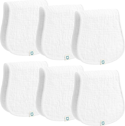 Muslin Burp Cloths Set, 6 Pieces, 100% Organic Cotton Hand Washcloths for Baby Boys and Girls Extra Absorbent and Soft Burping Rags (White - Solid Color)