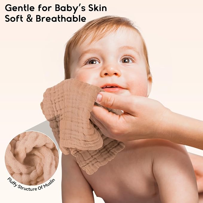 Muslin Baby Washcloths 6 Pack, 100% Cotton Wash Cloths for Babies, Large 12''X12'' Burp Cloths Absorbent and Soft for Newborn Infants Kids Boys Girls - Gradient Brown