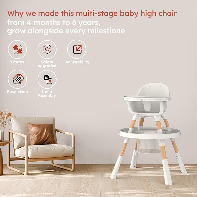 MAMAZING 8-in-1 High Chair,Infant and Toddler High Chair with Removable Tray, Seating for 8 Stages of Development from Infant to Toddler, Convertible Baby high Chair with Activity Center,Khaki