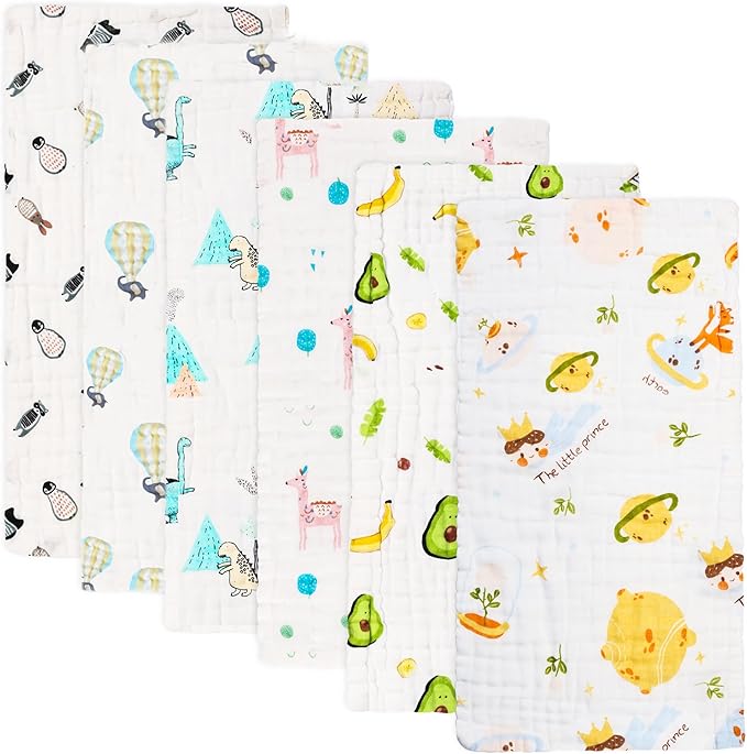 FOOK FISH Muslin Burp Cloths Cotton Burping Cloth 20'' X 10'' Pack of 6 for Baby Spit Up Cloths for Newborn,Absorbent,Soft,Large,6 Layers,Baby Burp Rags,Unisex,for Boys and Girls(Colorful)