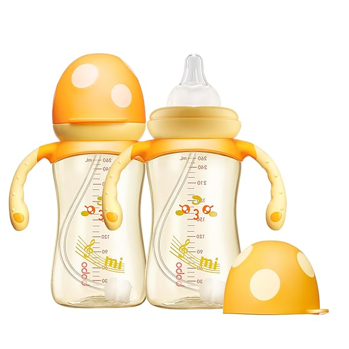 YOHKOH Natural PPSU Baby Bottle with Natural Response Nipple, Newborn Anti-Colic Baby Bottles with Handle, Wide Neck Mushroom Cap Baby Bottle (8.8oz (Pack of 2), Yellow1)