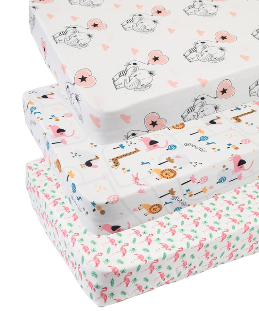 Pack n Play Sheet Stretchy Fitted Portable Mini Crib Sheets Set 3 Pack,Playard Sheets Convertible Playard Mattress Cover,Ultra Soft Jersey Material,Flamingo Elephant & Lion