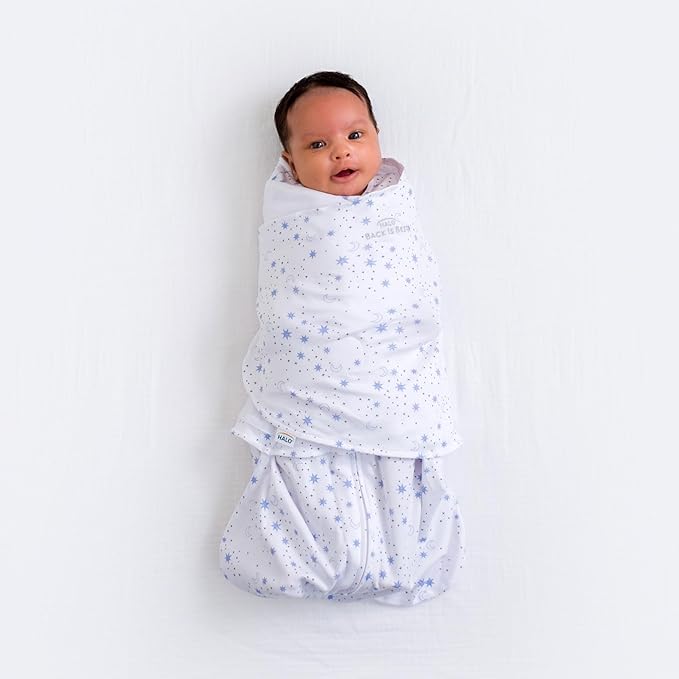 HALO 100% Cotton Sleepsack Swaddle, 3-Way Adjustable Wearable Blanket, TOG 1.5, Midnight Moons Blue, Newborn, 0-3 Months