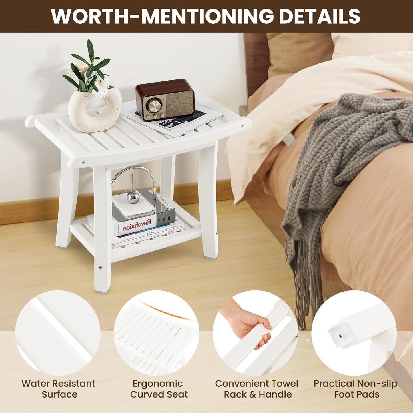 GOFLAME 2-Tier Shower Bench, Spa Bath Shower Stool with Curved Seat, 2 Easy-to-Grip Handles, Storage Shelf & Non-Slip Foot Pads, Waterproof Shower Chair for Bathroom, Living Room, Entryway, White