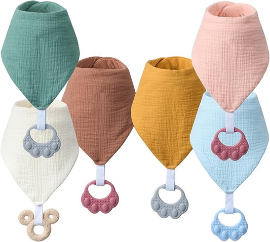 Baby Teething Bibs 6-Pack with Attachable Teether - 100% Organic Cotton, Super Absorbent & Soft Drool Bibs