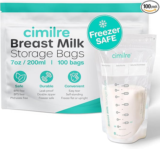 Breast Milk Storage Bags by Cimilre, Leak-Proof Breastmilk Storage Bags, Freeze Flat or Standing, 7 oz. Bags (100 Pack)