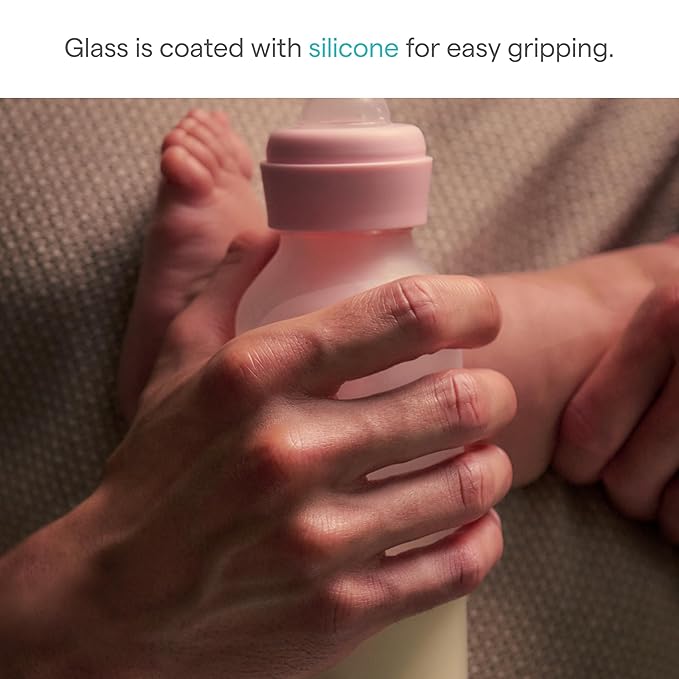 Munchkin Bond Silicone Coated Glass Baby Bottles - Anti-Colic Feeding System with Natural Feel Nipples, 4 Ounce, 2 Pack, White