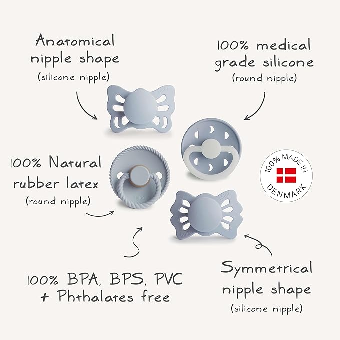 FRIGG Baby's First Pacifier - Moonlight Sailing 4-Pack | Made in Denmark | BPA-Free (Powder Blue, 0-6 Months)