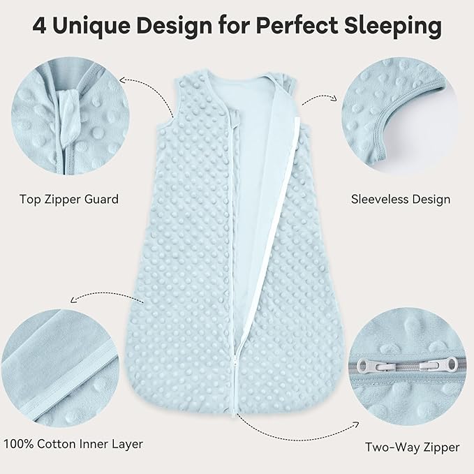 Fleece Baby Sleep Sack 12-18 Months with Plush Dots 1.5 Tog Baby Wearable Blanket with 2-Way Zipper Warm Sleeping Sack for Toddler Infant - Large, Sky Blue