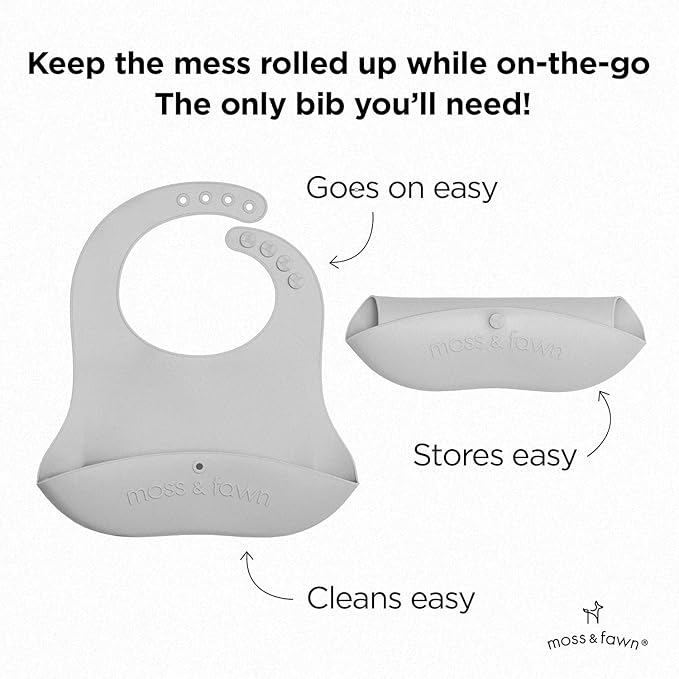Moss and Fawn Gather & Roll Bib - Washable Waterproof Silicone Baby Feeding Bib - BPA, Lead, & PVC-Free