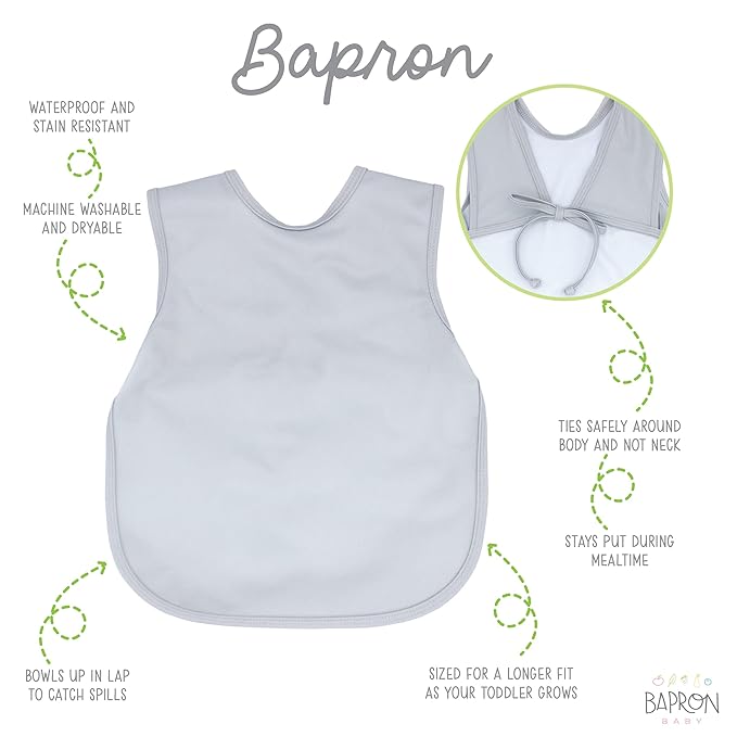 BapronBaby Minimalist Light Grey Bapron - No Neck Tie Safer Bib for Baby & Toddler - Soft Waterproof Stain Resistant - Machine Washable - Sz Preschool 3-5yrs