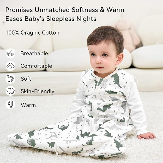 Baby Sleep Sack 6-12 Months 1.0 Tog Baby Wearable Blanket 100% Cotton Sleeping Sack with 2-Way Zipper for Infant Newborn Gray White Dinosaur