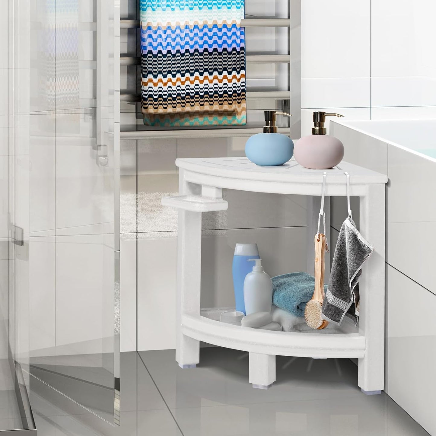 2-Tier Corner Shower Stool with Hooks & Soap Dish, HDPE Shower Bench for Shaving Legs, Wood-Like Shower Stool for Inside Shower with Non-Slip Foot Pads, Waterproof Shower Foot Rest (White)
