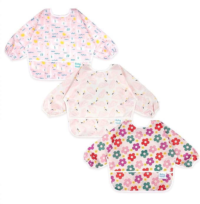 3 Pcs Long Sleeved Bib Set|Baby Waterproof Bibs with Pocket Bundle|Toddler Bib with Sleeves|Stain Resistance Smock 6-24 Month