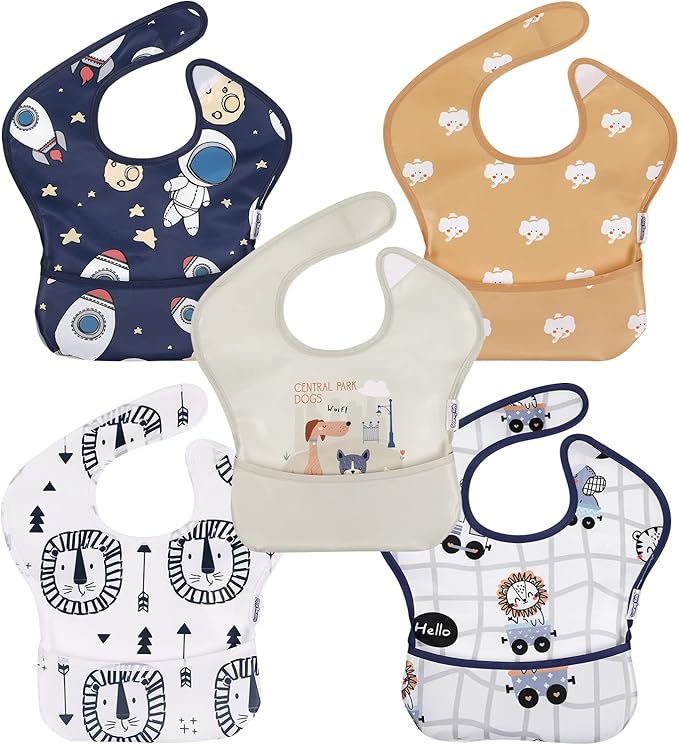 Soarwg Kids Baby Bibs, 5 Pack Waterproof Bibs for Unisex Boys Girls, Essential Must Have for Babies Eating, Feeding