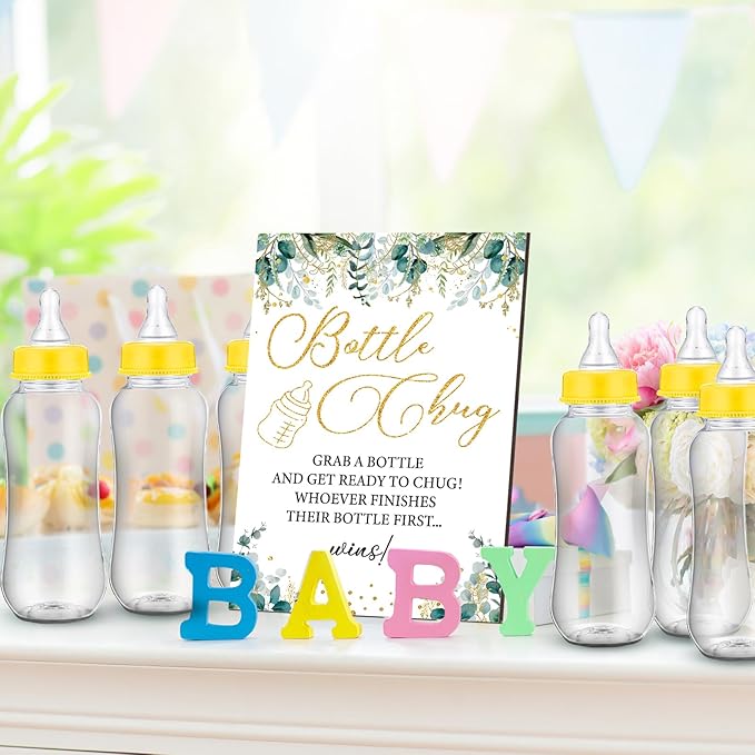 TrelaCo Greenery Cool Baby Shower Games Bottle Chug Sign Wooden Neutral Greenery Floral Gift Sets Gender Reveal Party Favors and 12 Pcs Baby Bottle Shower Favor for Games Gender Reveal