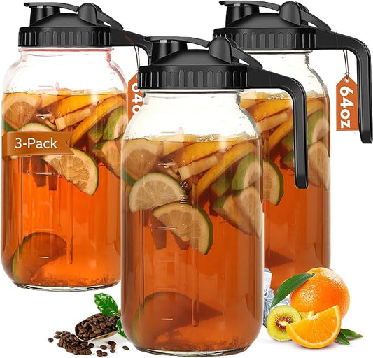 Glass Pitcher with Lid, 64 OZ Mason Jar Pitcher Double Leak Proof, 2 Quart Breast Milk Storage Containers for Fridge, Wide Mouth Glass Jar for Sun Tea, Juice, Cold Brew Coffee
