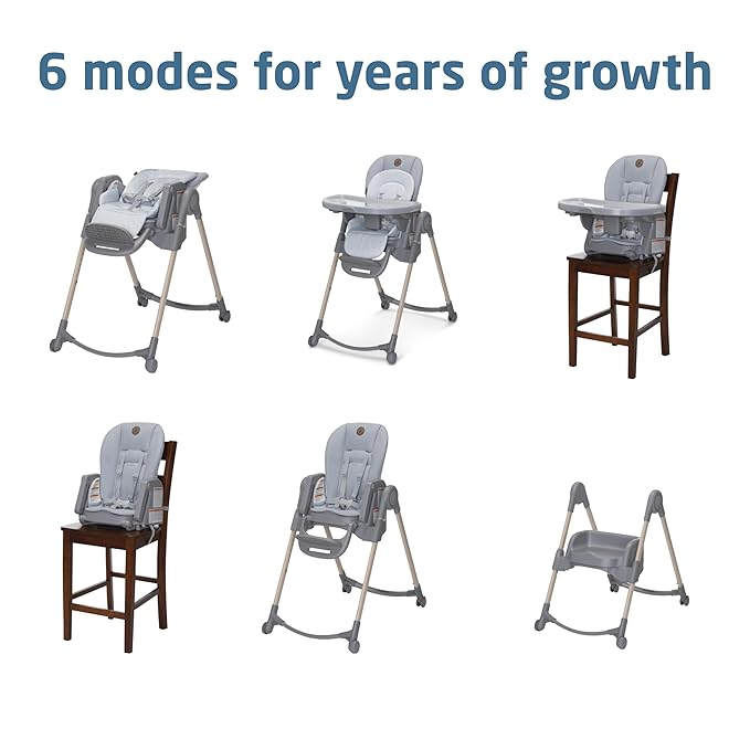 Maxi-Cosi Minla 6-in-1 High Chair for Babies & Toddlers, Portable Foldable Highchair, EcoCare Fabric, 9 Heights, 5 Reclines, 4 Tray Positions, Classic Slate