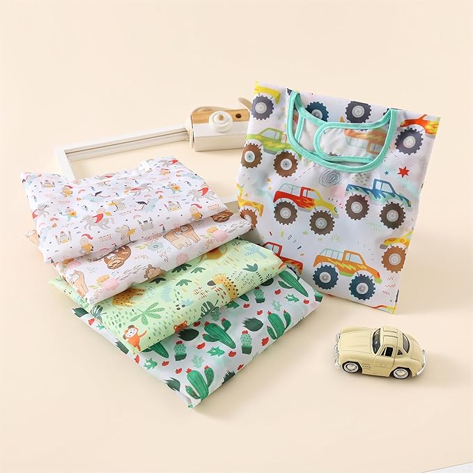 Long Sleeved Bibs, Pack of 5,Lightweight Waterproof Shirt Bibs for Baby Toddler 6-30 Months