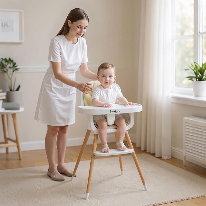 Baby High Chair, Wooden Highchair with Removable Tray, Adjustable Legs, Cushion, 5-Point Harness and Footrest for Infants, Baby, Toddlers, Cream