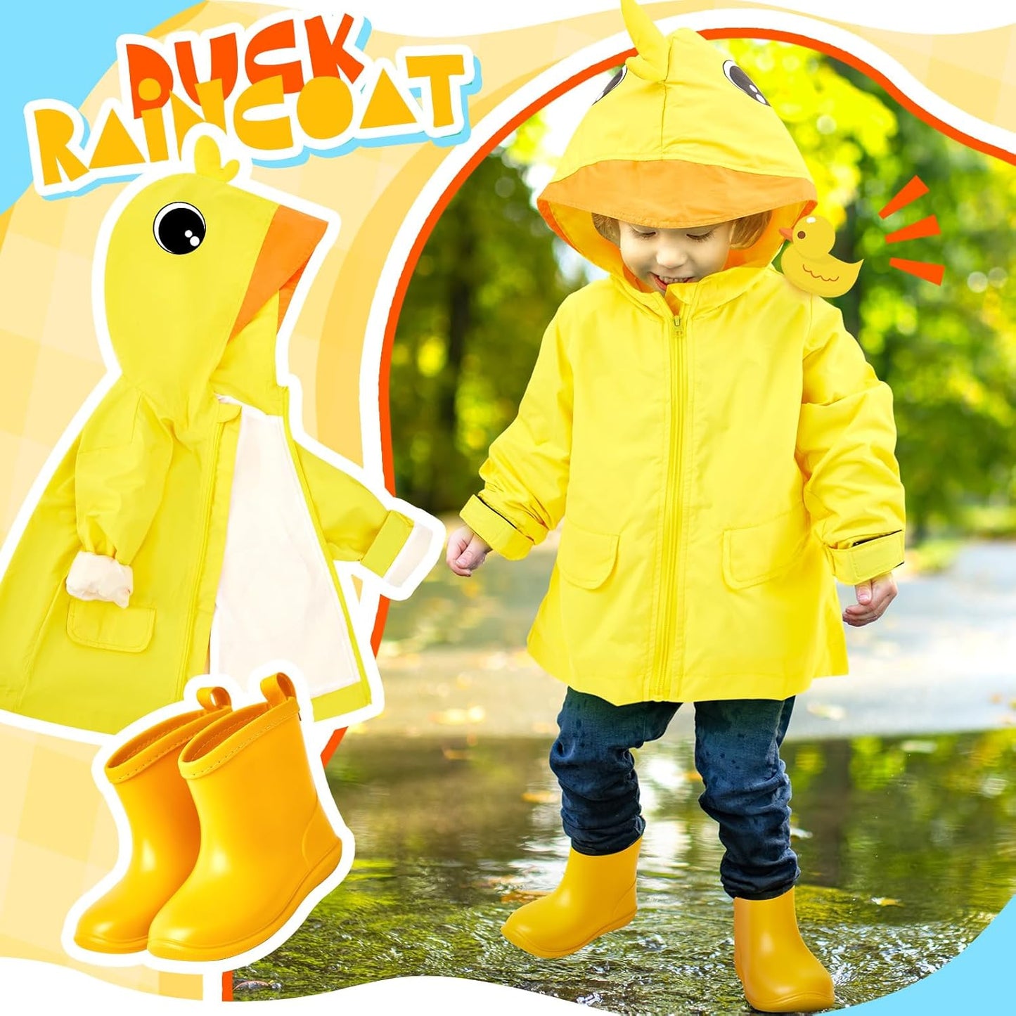 2 Pcs Toddler Raincoat Rain Boots Set Kids Baby Cartoon Hoodie Zipper Jacket Short Rain Shoes for Little Boys Girls
