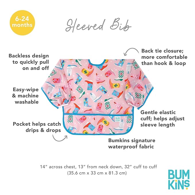 Bumkins Sleeved Bib for Girl or Boy Baby and Toddler for 6-24 Mos, Essential Must Have for Eating, Feeding, Baby Led Weaning Supplies, Long Sleeve Mess Saving Food Catcher, Soft Fabric, Cowgirl Boots