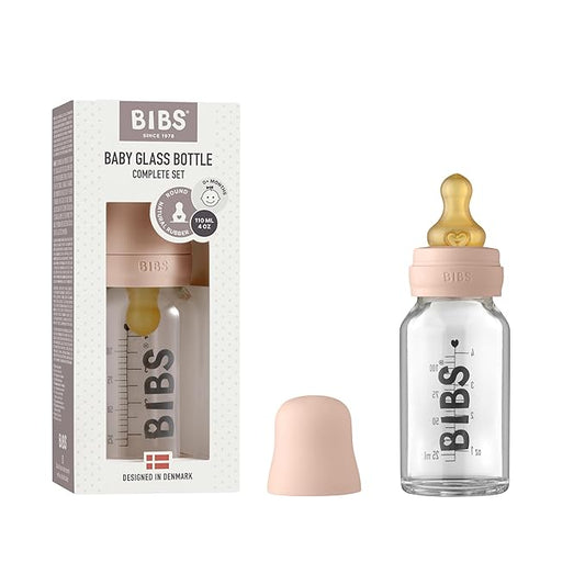 BIBS Baby Glass Bottle Complete Set 110 ml | BPA Free Natural Rubber | Made in Denmark | Blush