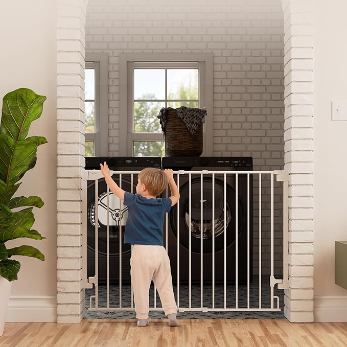 Cumbor 34" Extra Tall Baby Gate for Stairs, Wall-Mounted (Drill Required), Expandable 31.6-48" No Bottom Bar Dog Gate Indoor for Larger Pets, Large Walk Thru Door for Easy Access (White)