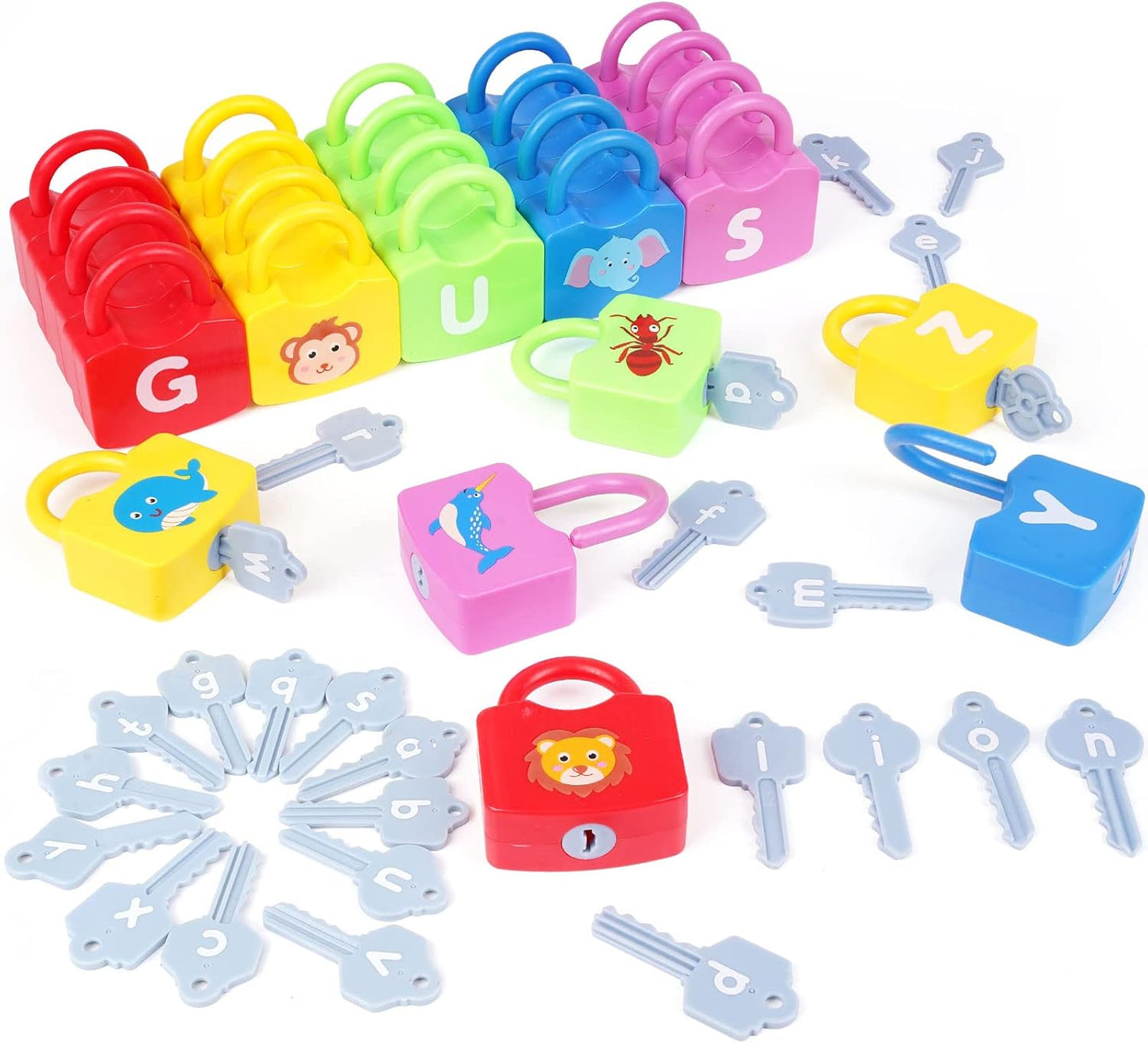 AXEARTE Montessori Educational Toys - Alphabet Learning Locks and Keys for Toddlers - 26 Locks & Keys Set - Baby Sensory Fine Motor Skills Toys - ABC Locks and Keys