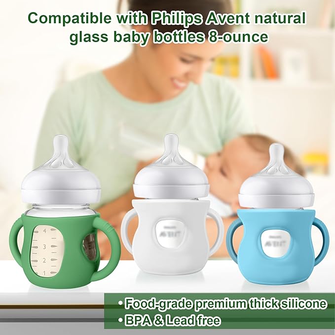 Juome Silicone Sleeves with Handles for Avent Natural Glass Baby Bottle - 3 Pack Anti Breakage Holder for Phillips Avent Baby Bottles, Compatible with Philips Avent Anti Colic Baby Bottles 4 oz