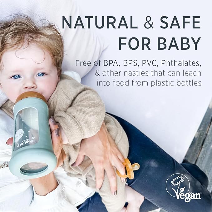 HEVEA Plastic-Free Wide Neck Glass Baby Bottle with Powder Pink Sleeve - Slow Flow Anti Colic Baby Bottles Newborn 0+ Months - BPA-Free, Single-Pack (5 Oz)