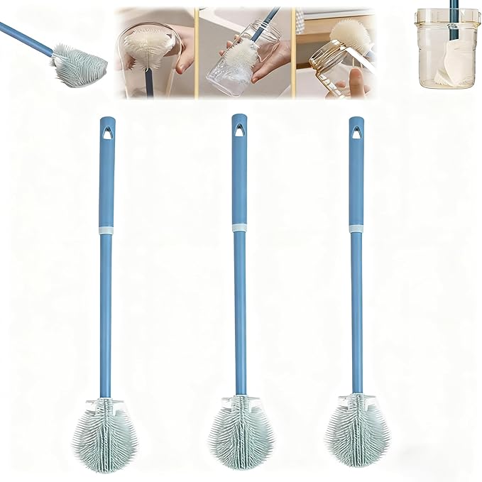 3Pcs 360° Flexible Silicone Bottle Brush with Long Handle Multifunction Flexible, Deep Cleaning for Narrow Neck Bottles, Baby Bottles, Water Bottles (Nylon Blue)