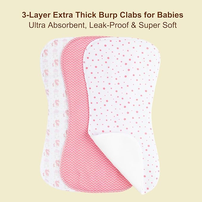 2-in-1 Burp Cloths and Baby Bibs - 6 Pack Large Super Absorbent Soft Cotton Burping Cloths for Spit Up, 3 Layers Thick Baby Burp Rags for Girls & Boys