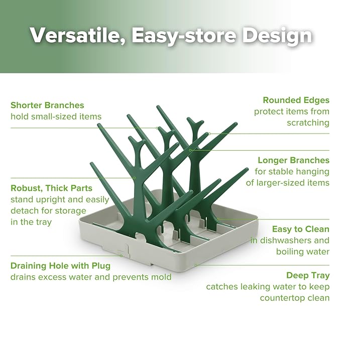 haakaa Baby Bottle Drying Rack, Space Saving Bottle Drying Tree for Bottles/Pump Parts/Pacifiers and Other Baby Essentials, Easy-Store Dryer Rack Great for Home & Travel, BPA Free (Forest Green)