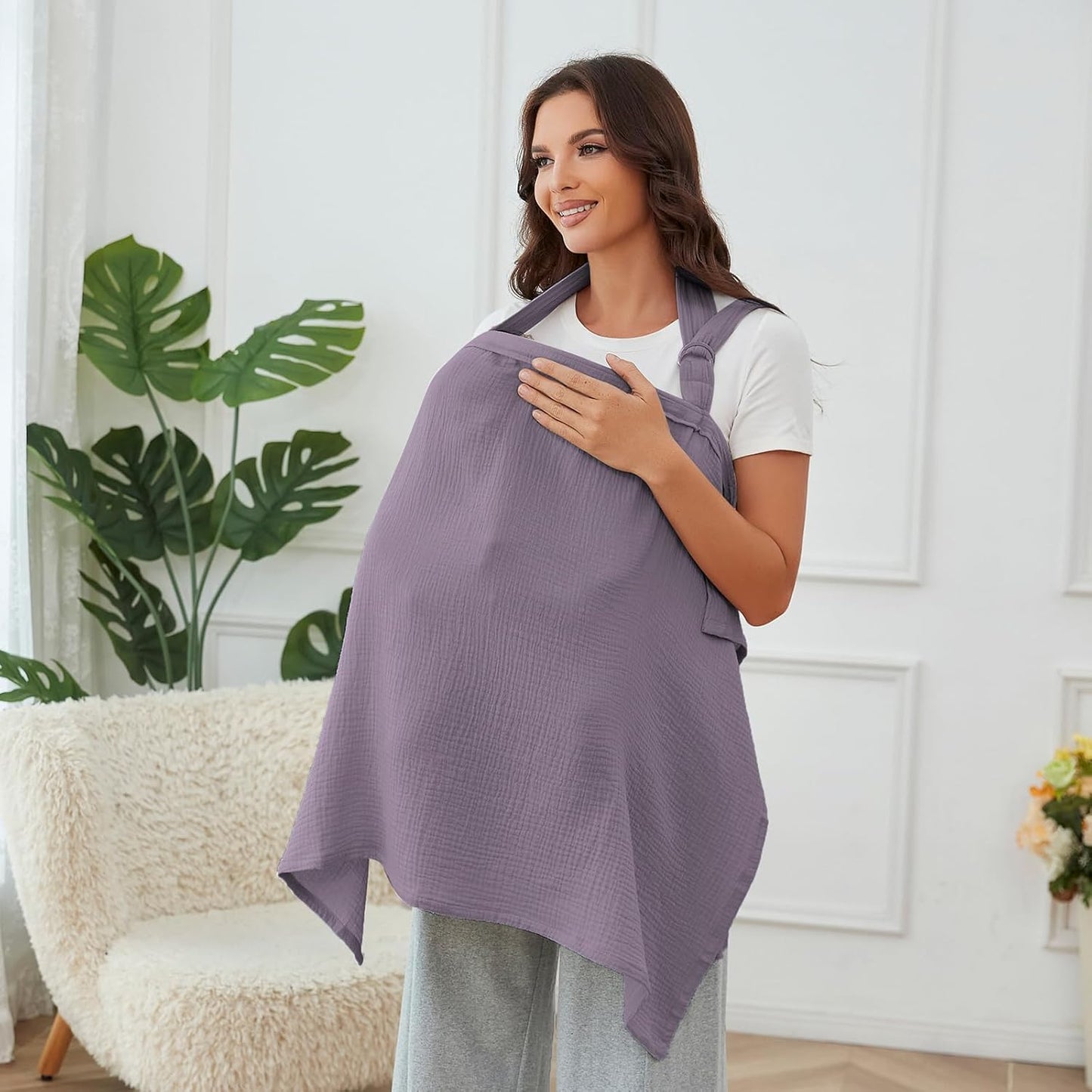 Nursing Cover for Baby Breastfeeding with Rigid Hoop, Breathable Soft 100% Muslin Cotton, Baby Breast Feeding & Pumping Apron (Purple)